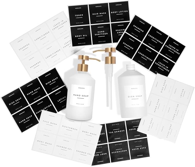 homelistic Matte White Glass Soap Dispenser Set with Champagne Gold Pump – 16oz Refillable Kitchen & Bathroom Soap Dispensers (2 Pack) Rust-Resistant Stainless Steel Pumps, 48 Labels