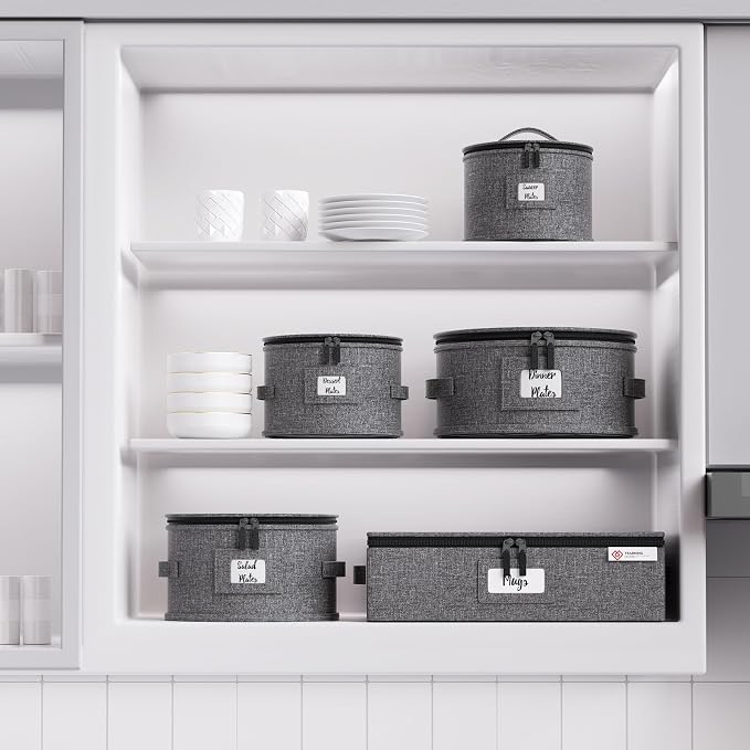 China Storage Containers,4 Piece Set,Hard Shell Moving Boxes for Dishes,Plate,Dinnerware,Saucers Quilted Organizer Dividers for Packing Fine China Storage Containers,Grey