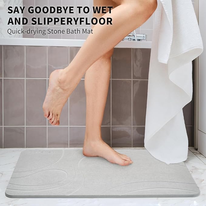 XMarrat Large Stone Bath Mat, Super Absorbent Diatomaceous Earth Bath Mat, Quick Drying Non-Slip Diatomite Stone Bath Mats for Bathroom, Easy to Clean (Light Gray, 31.5" x 19.7")