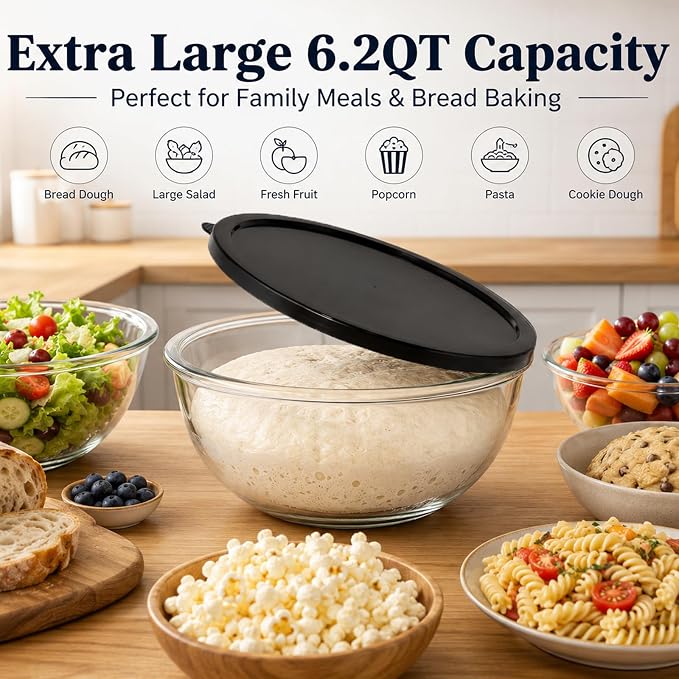 6.2QT Glass Sourdough Proofing Bowl with Lid, Large Mixing Bowl for Bread Dough Fermentation, Clear Borosilicate Glass Bowl for Baking, Salad, Meal Prep & Food Storage