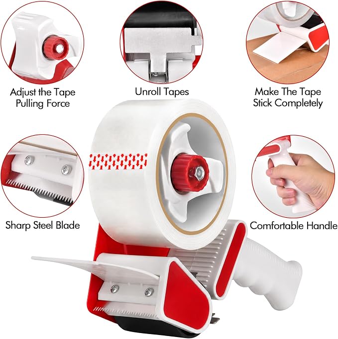 2 Pack Heavy Duty Packing Tape Dispenser Gun with 12 Pack Clear Packaging Tapes, 2 Inch Packaging Tape with Dispenser for Carton Sealing, Moving Boxes, Shipping (Red)