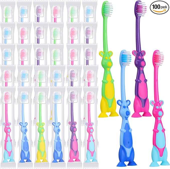 Gerrii Kids Toothbrushes Bulk Soft Bristles with Covers for Daycare,100 Pcs | Individually Wrapped, Suction Base, Ideal for School Daycare Camp Travel, Gentle Bristles Safe for Children Toddlers