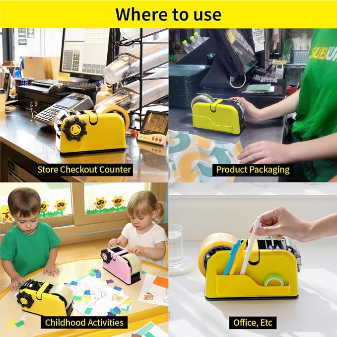 [TENDO°] TENDO Multi-Section Tape Dispenser, Custom Width Tape Cutter with 4 Cutting Sections, Built-in Safety Blade, Ergonomic Grip for Packing and Office Use, ZO-508(Yellow)