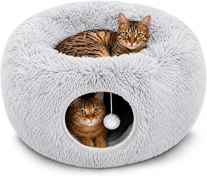 Large Cat Donut Tunnel Bed - Cat Tunnels for Indoor Cats - Circle Hideaway with Cat Toys, 3-in-1, Gift-Ready DIY Collapsible Plush Cat Tube, Rabbit, Kitty