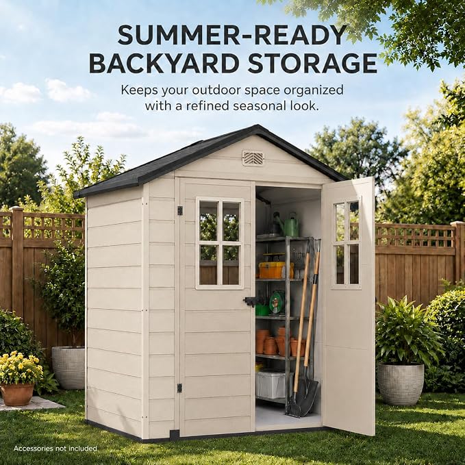 DWVO 6x4.4 FT Outdoor Storage Shed, Plastic Garden Tool Shed with 2 Windows, Double-Wall Resin Storage Shed for Lawn Mower, Garden Shed for Backyard Patio, Lockable, Greige&Gray