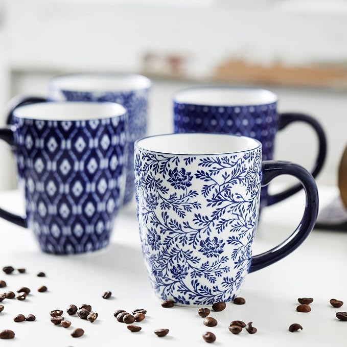 Selamica 16 oz Ceramic Coffee Mugs Set of 6, Ceramic Tea Cup with Handle, Dishwasher oven microwave safe, Vintage Blue