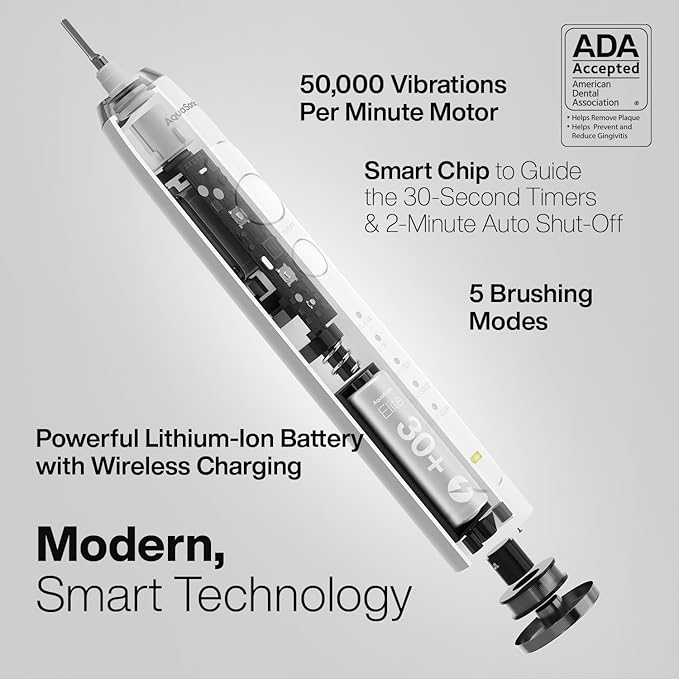 Aquasonic Elite Ultra-Whitening Toothbrush – ADA Accepted Power Toothbrush - 8 Proflex Brush Heads & Travel Case – 50,000 VPM Motor & Wireless Charging - 5 Modes w Smart Timer (White)