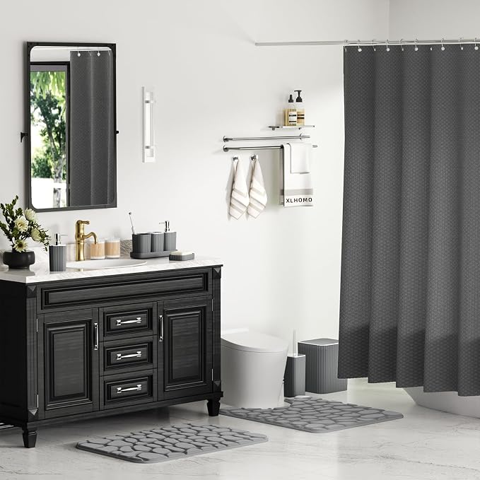 XLHOMO Bathroom Accessories Set- 25PC Grey Bathroom Set, Bathroom Set with Shower Curtain and Rugs, Shower Curtain Set, Toilet Brush, Trash Can, Qtip Holder Dispenser & Soap Dispenser