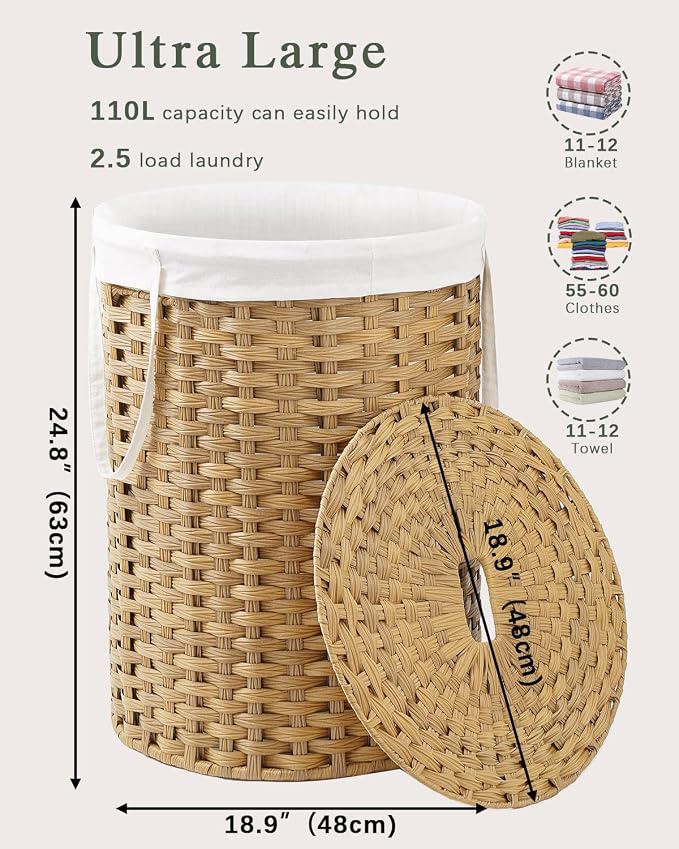 SETVSON Laundry Basket with Lid Round 29.1 Gal PE Rattan, Natural | Family Clothes & Blanket Trunk with Lid, Removable Liner Bag with Handles, 2 Mesh Wash Bags, Collapsible Steel Frame