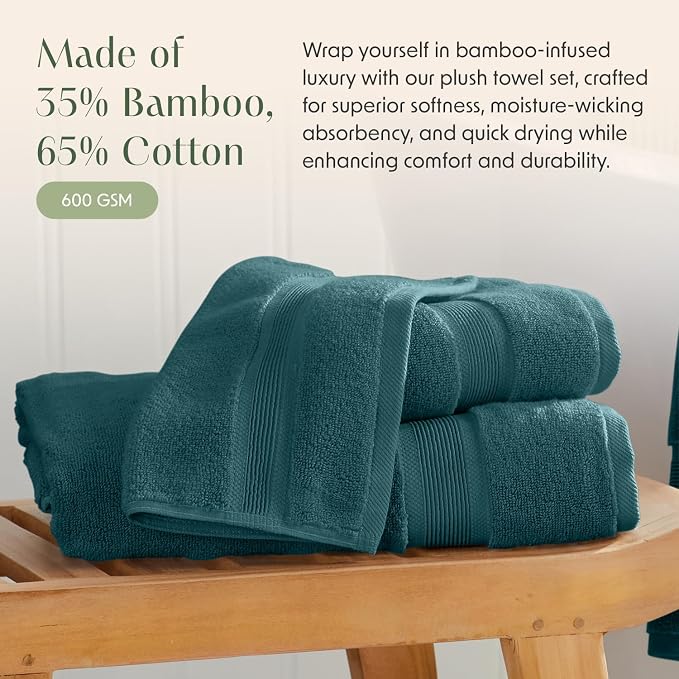 Springtree Home Luxury Bamboo Rayon Bath Towel Set | 6-Piece Set | Teal | 35% Bamboo Rayon - 65% Zero Twist Cotton | Absorbent Quick-Dry Towels for Bathroom | Ultra Soft | OEKO-TEX Standard 100