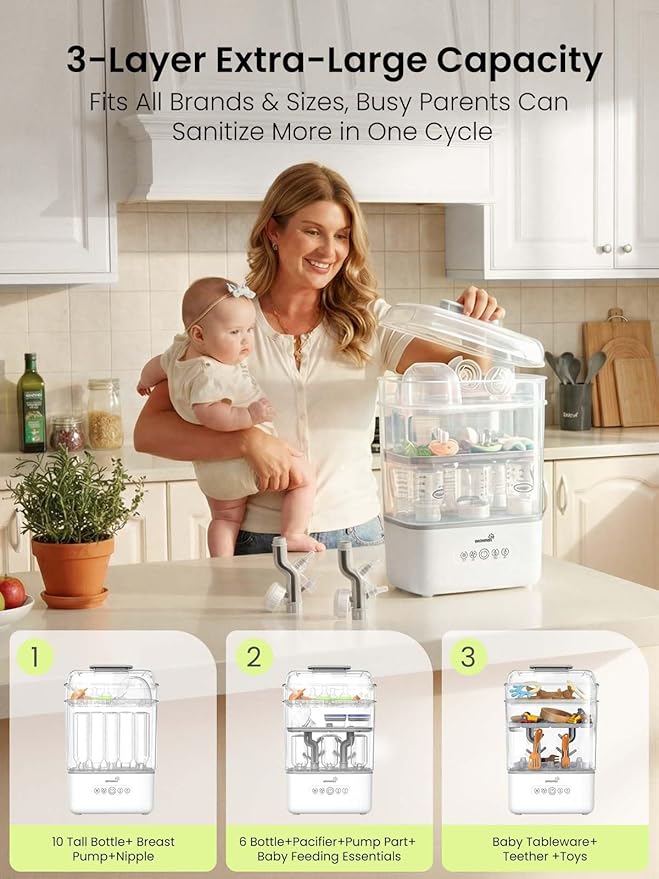 Grownsy 3 Layers-Large Bottle Sterilizer and Dryer, Holds 6 to10 Bottles, Nesting Design Bottle Sanitizer Esterilizador de Biberones for Breast Pump Sterilizer Bags Bottle Brush Included