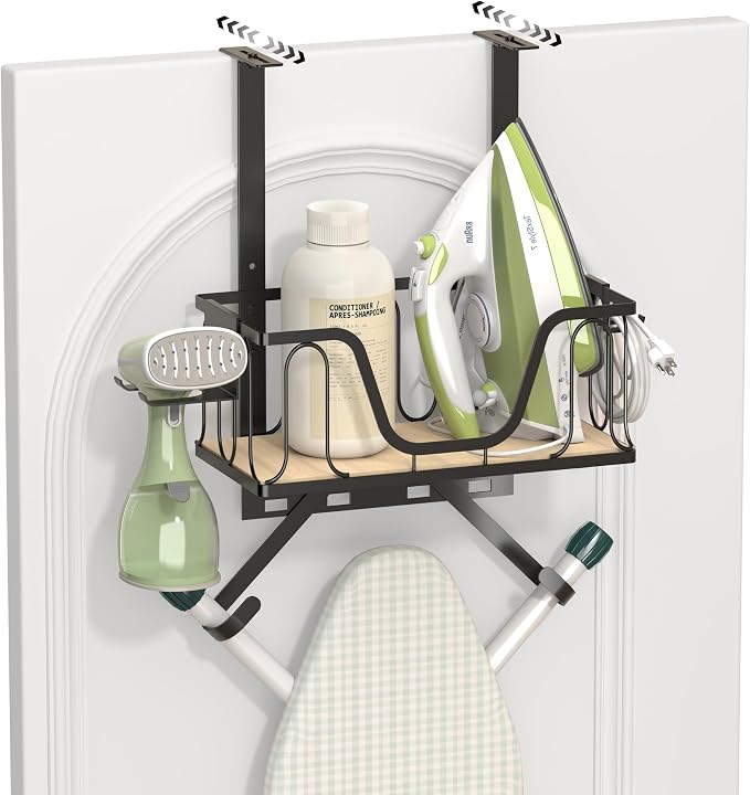 Ironing Board Hanger, CUFURNIX Wall Mount or Over the Door Iron Holder, Adjustable for Door Thickness, Fits T and Y Shaped Legs, High-Sided Basket & Side Hooks for Laundry, Sewing Room, Black