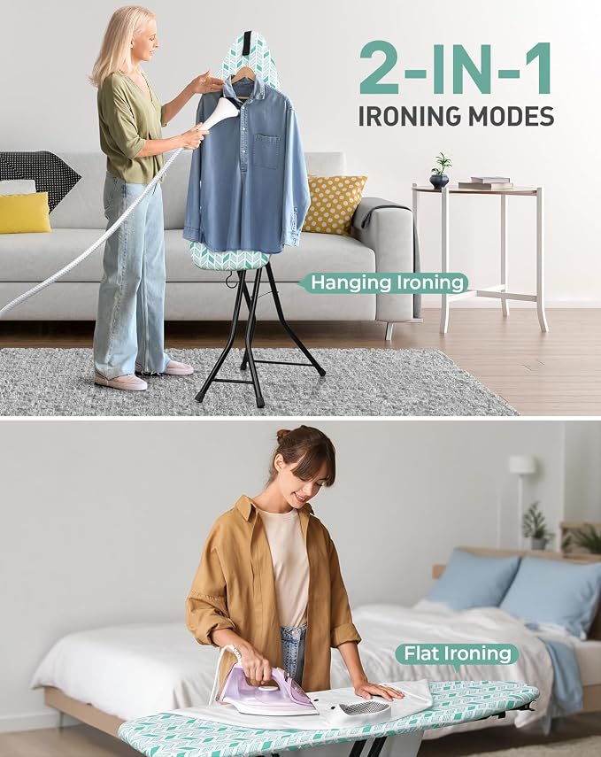 LyriFine Ironing Board, 2-in-1 Ironing and Steaming Board, 14″ x 43″ | Upgraded Iron Board with Iron Rest, Sturdy Steel Frame Iron Board with Non-Slip Feet, Ironing Board Full Size & Hook, Green