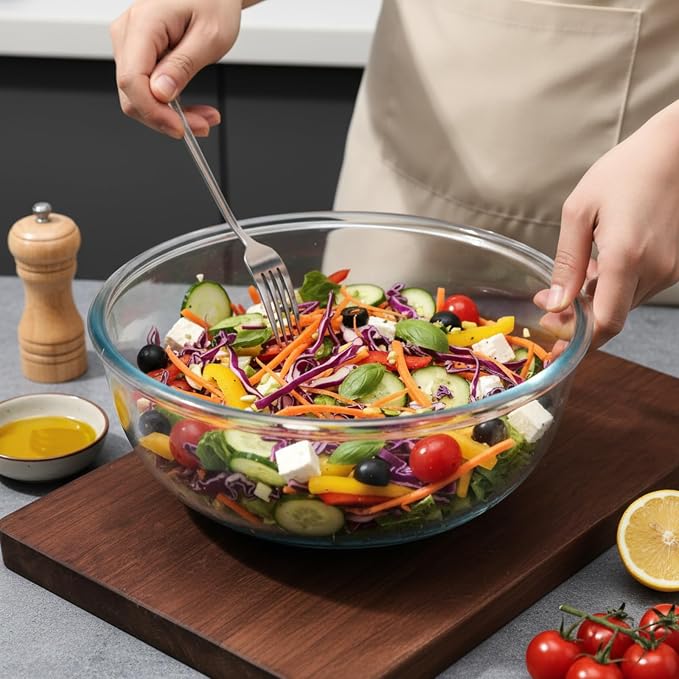 4.7Qt Large Glass Mixing Bowl with Lid, Clear Large Salad Bowls with Airtight Bamboo Lid & Handle,Thickened Glass Big Mixing Bowls Cooking Bowl for Serving, Food Prep, Kitchen,Borosilicate Glass