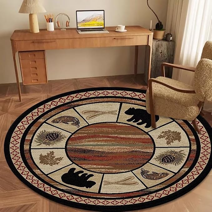 Bear Cabin Circle Area Rug for Bedroom Vintage Rustic Lodge Border Round Rugs Apartment Decor Non-Slip Floor Carpets Mats 5'3ft