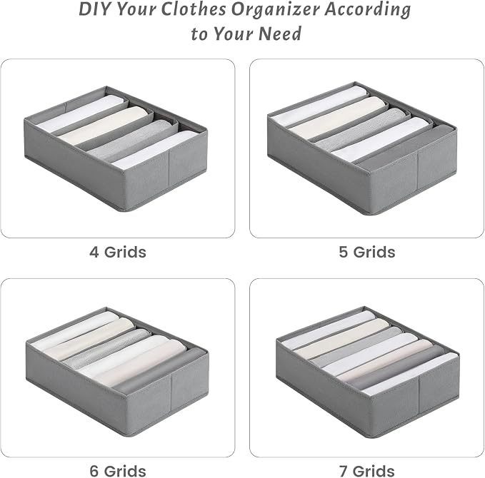 4 Packs Adjustable T-shirt Drawer Organizers for Clothing with 6 Adjustable Dividers, 7 Grids Wardrobe Storage Box, DIY Clothes Organizer for Folded Clothes, T-shirt, Legging