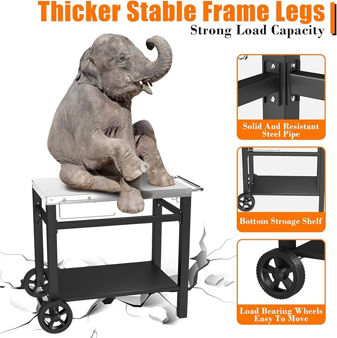 Grill Table, Movable Dining Cart, Pizza Oven Table Stand, Double-Shelf Grill Stand, Food Prep and Work Cart with Wheels, Hooks, Fits for Blackstone Ninja