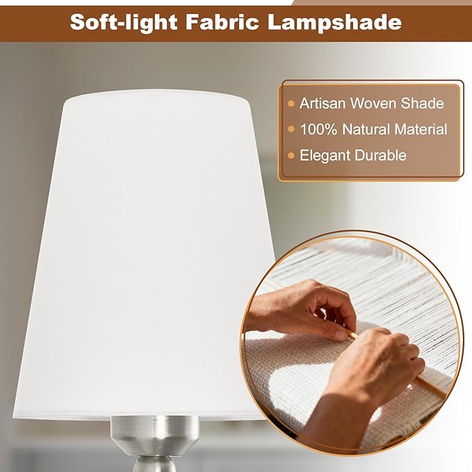 Modern Bathroom Vanity Light, Brushed Nickel Bathroom Light Fixtures, Set of 2 Lighting Fixtures Over Mirror, Modern Wall Sconce with Flared White Fabric Shade, E26 Socket(ETL Listed)