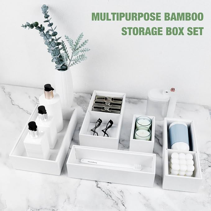 Bamboo Drawer Organizer,5 PCS White Bathroom Tray&Desk Organizers and Storage,Cabinet Divider With Removable Silverware Organization for Kitchen,Utensils,Junk,Office,Makeup