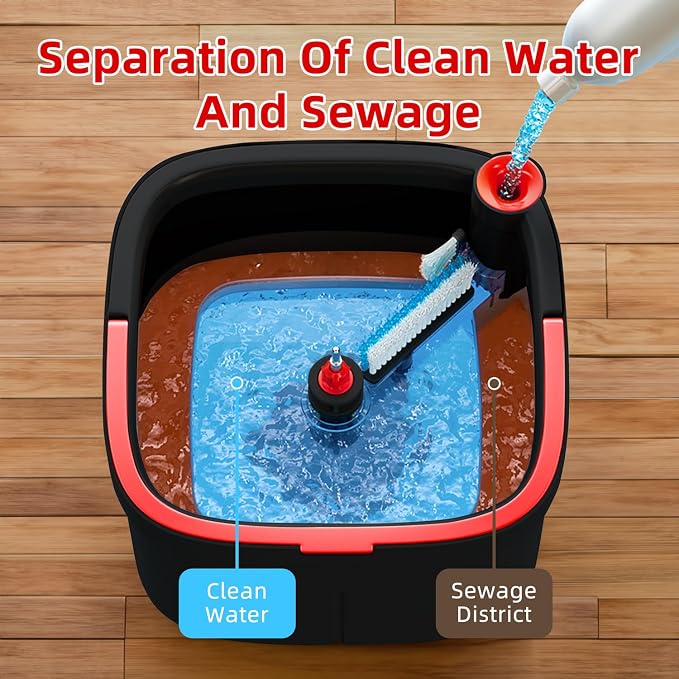 Spin Mop and Bucket Set with Self Separation Dirty and Clean Water System with 14 Pads, Square Mop Bucket Self Wringing 360° Rotating Clean Mop-Head for Hardwood Tile Marble Floors (Black+Red