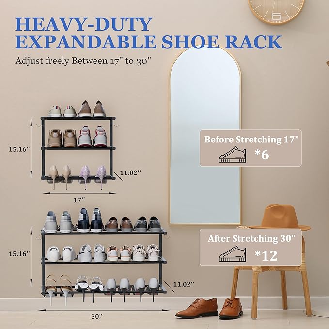 3 Pack Wall Mounted Shoe Rack, 3 Tier Hanging Shoe Rack Holds 36 Pairs, 17"-30"Adjustable Heavy Duty Metal Shoe Organizer Holder with 6 Storage Hooks, Space Saving for Closet Entryway Doorway（Black)