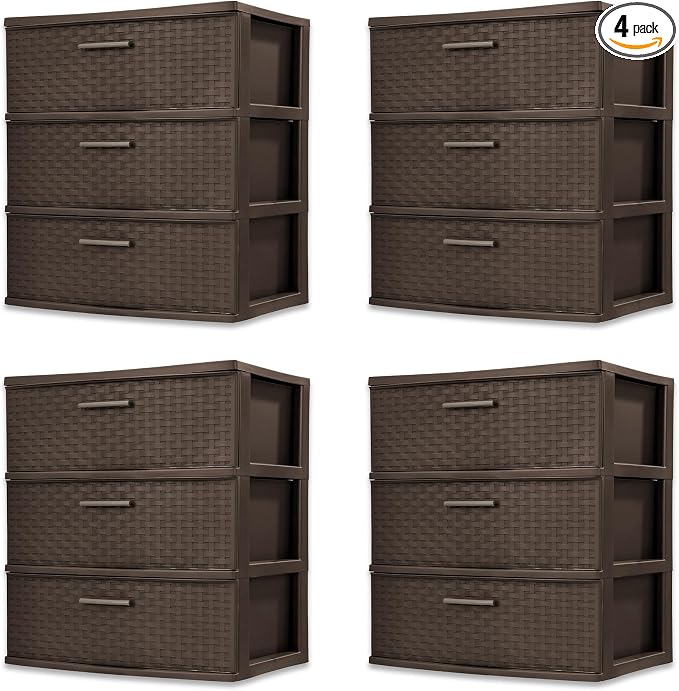 Sterilite 4 Pack 3 Drawer Wide Storage Tower, Weave Organizer, Espresso | Lightweight Opaque Home Storage Container for Bedrooms, Closets, or Bathrooms
