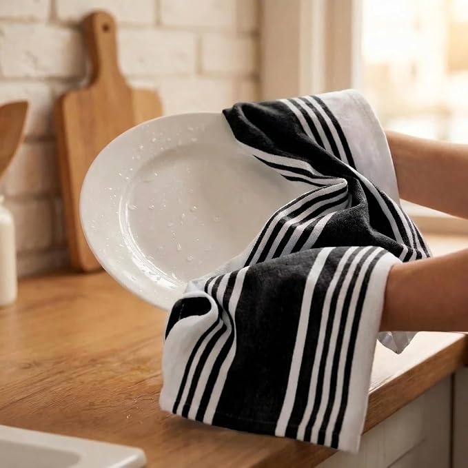 Urban Villa Kitchen Towels 100% Cotton Dish Towels for Kitchen (Set of 6)20”x30” Dish Cloths Highly Absorbent Kitchen Linen Set with Hanging Loop Perfect for Drying Dishes Cleaning Towels-Black White