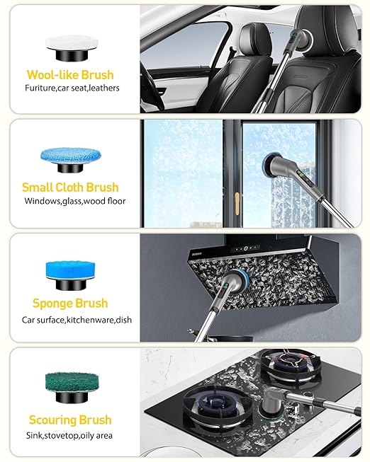 Shower Scrubber with Long Handle, Shower Cleaner Brush with 8 Floor Machine Pads, Cordless Electric Spin Scrubber for Cleaning with 2 Speed, Cleaning Supplies for Bathroom Bathtub Kitchen Floor Toilet