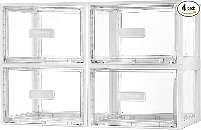 Vtopmart 4 Pack White Stackable Storage Drawers 15QT, Easily Assemble Closet Organizers,Plastic Storage Bins for Bathroom,Cabinet,Kitchen Pantry,Under Sink Organization(Medium)