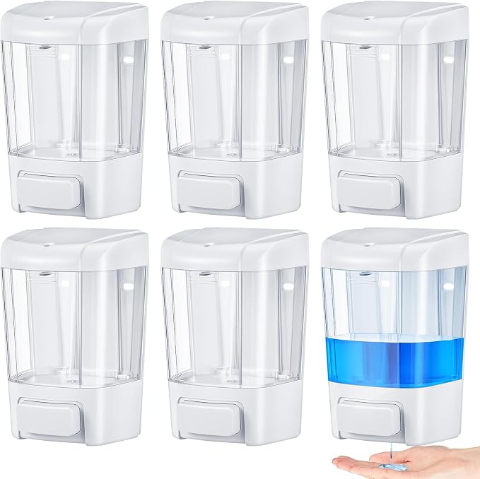 Hushee 6 Pcs Plastic Wall Mounted Soap Dispenser Commercial Manual Soap Dispenser Containers for Kitchen Shower Hotel(White,27 oz 800 ml)