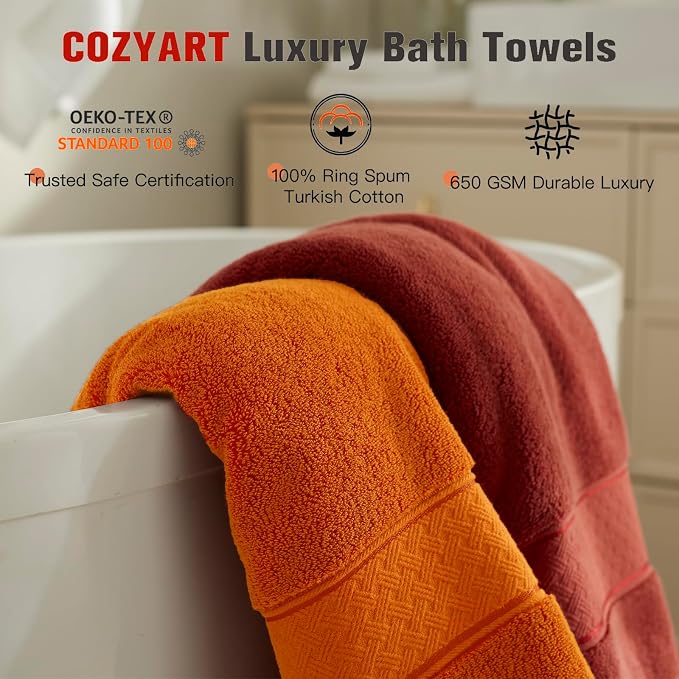COZYART Bath Towel Set 6 PCS, Orange Luxury 100% Turkish Cotton 650GSM | Soft Absorbent Quick Dry, OEKO‑Tex 100 Cert. Zero Twist Ring Spun Cotton, Plush Fluffy, Breathable Hotel Quality Towels Set