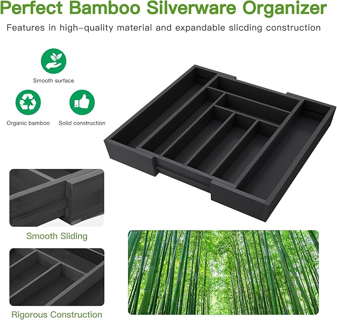Pipishell Bamboo Expandable Drawer Organizer for Utensils Holder, Adjustable Cutlery Tray, Wood Drawer Dividers Organizer for Silverware, Flatware, Knives in Kitchen, Bedroom, Living Room (Black)