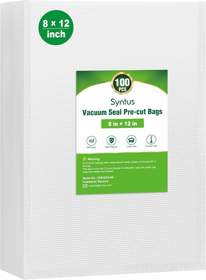 Syntus 100 Pcs Vacuum Sealer Bags for Food, Quart Size 8x12, BPA Free | Precut Bags, Sous Vide Microwave Freezer Safe, Meal Prep, Food Vacuum Storage, For All Vacuum Sealers