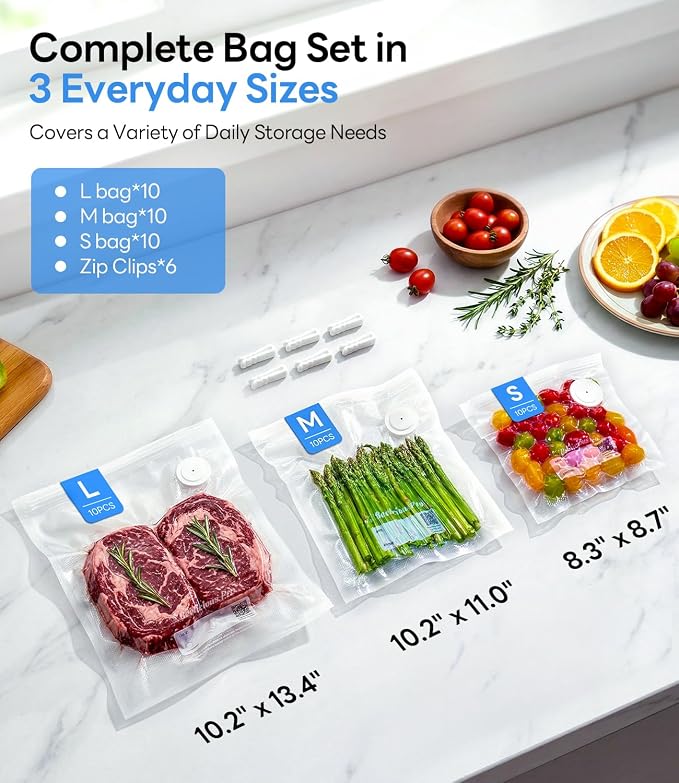 Reusable Vacuum Sealer Bags for Food, 30 PCS BPA-Free Food Storage Bags with Air Valve, Leakproof & Odor-Resistant for Sous Vide, Freezer & Microwave, Compatible with Most Vacuum Sealers