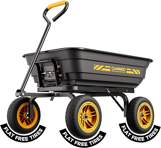 CAMMOO 10-in NO-Flat Tires 600lb Garden Dump Cart 4 Cu.Ft. Wheelbarrow | Garden Wagon Quick-Release Dumping Garden Cart Virgin Polypropylene - Not Recycled Material for Landscaping Gardening