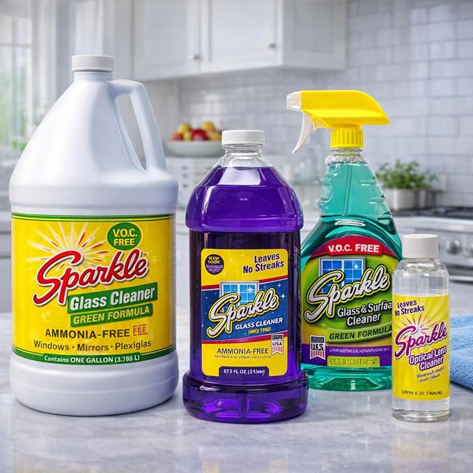 Sparkle Glass Cleaner, Ammonia-Free Streak-Free Formula, 33.8 fl oz Spray Bottle, Safe for Windows, Mirrors & Glass Surfaces (Pack of 6)