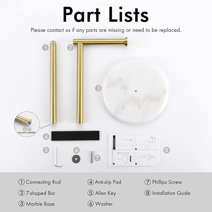 KES Gold Toilet Paper Holder Stand Tissue Roll Holder with Modern Marble Base, SUS304 Stainless Steel Brushed Gold Finish BPH284S1-BZ