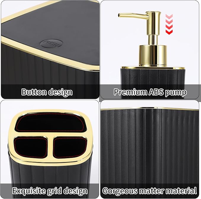 XLHOMO Bathroom Accessories Set - Gorgeous Black Bathroom Set, 10PC Bathroom Accessory Set, Toilet Brush, Trash Can, Qtip Holder & Soap Dispenser