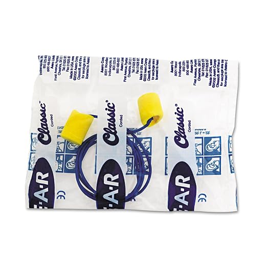 3M Ear Plugs, E-A-R Classic 311-1101, 200 Pairs of Disposable Earplugs, 1 Pair/Poly Bag, Corded, Noise Reduction Rating 29 dB NRR, Foam, Regular Size, Roll Down, Compliant with ANSI/ASA S12.71-2018
