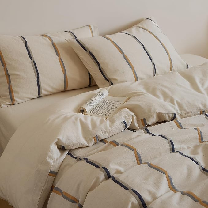 mixinni Cotton Linen Jacquard Duvet Cover Set King, 3-Piece Mid-Century Modern Bedding, Vintage Striped Bohemian Duvet Cover with 2 Pillowcases, All-Season Breathable Comforter Cover-King Size
