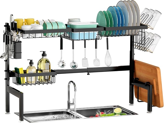 Over The Sink Dish Drying Rack,Expandable 2-Tier Stainless Steel Over The Sink Dish Rack with Utensil Holder Dish Drainers for Kitchen Counter | Stainless Steel, Cutlery Holder & Chopping Board Rack, for Kitchen Counter, Black