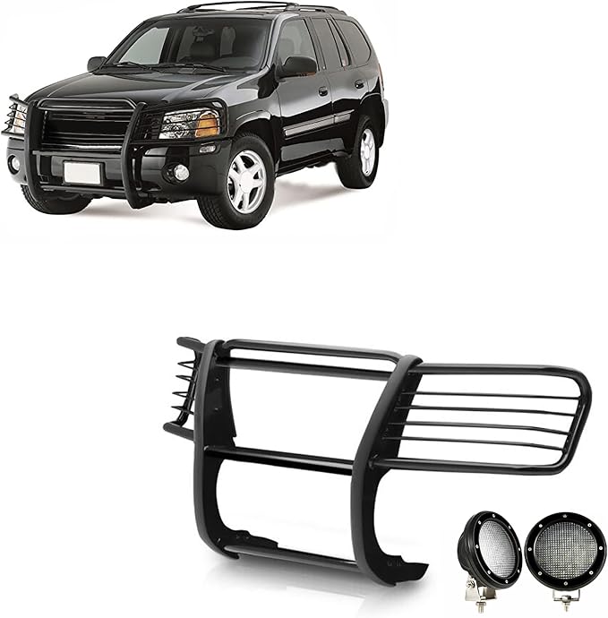 Black Horse Grille Brush Bumper Guard Modular Come with Pair of 5.3" Dia.LED Lights with Black Trim Rings Compatible with 2002-2006 GMC Envoy|2002-2006 GMC Envoy XL-17GD26MA-PLFB