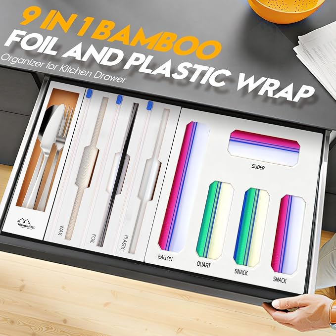 9 in 1 Foil and Plastic Wrap Dispenser with Cutter, White Bamboo Ziplock Bag Organizer for Drawer - Holds Gallon, Quart Bags & Aluminum Foil/Wax Paper, Wall Mountable Kitchen Storage
