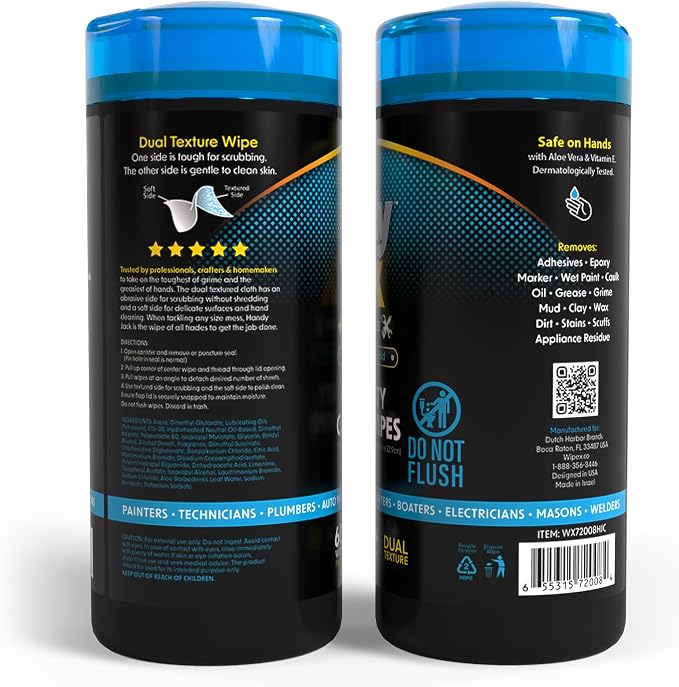 Wipex Handy Jack Heavy Duty Wipes, Dual Texture Cleaning Cloth, Use on Hands, Equipment, Tools, Garden, Automotive, Sneakers, Walls Easily Removes Paint, Adhesives, Oil, Grease, & Dirt, 60ct Canister