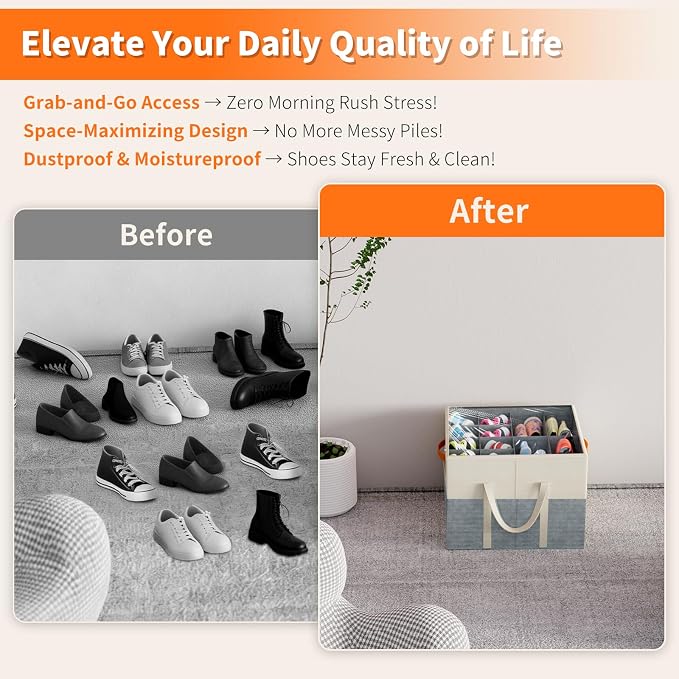 2 Pack Shoe Organizer for Closet, Stackable Shoe Storage Box, Beige & Grey | Fits up to 32 Pairs, Space Saving, Foldable, Shoes Organizer Bin with Clear Cover, 4 Reinforced Handles