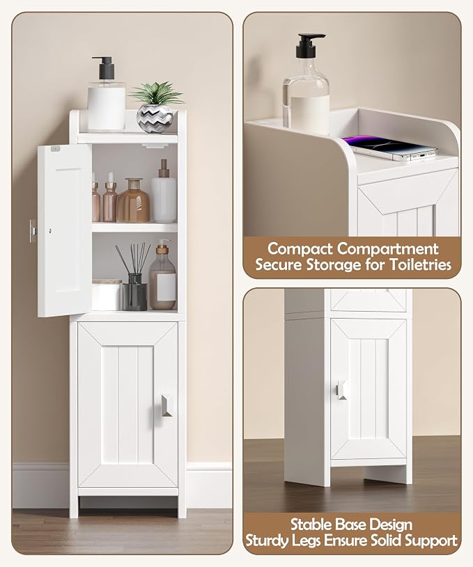 Akxomel Small Bathroom Cabinet Narrow Toilet Paper Organizer White | 7.9''D x 7.9''W Bathroom Organizer and Storage Cabinet for Small Space, Slim Corner Unit with Adjustable Shelf
