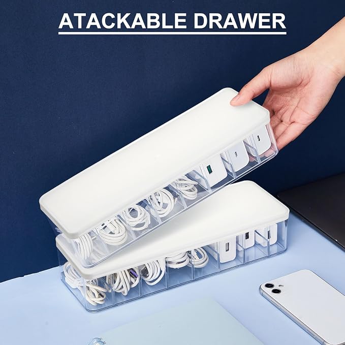 Tatuo 2 Pcs Cable Organizer Box with Wire Ties, Plastic Cord Storage Box with Lid, Electronics Organizer for Home Office Desk Organizers and Accessories (Clear,White)