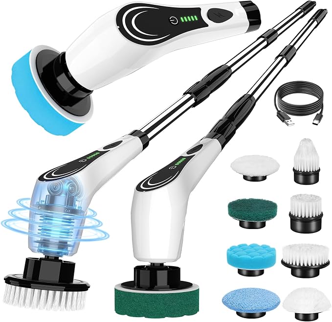 Cordless Electric Spin Scrubber, 8-in-1 Bathroom Cleaner | Bathroom scrubber, LED display, dual speeds, IPX7 waterproof, interchangeable heads for grout, tub, shower, wet-dry vacuum