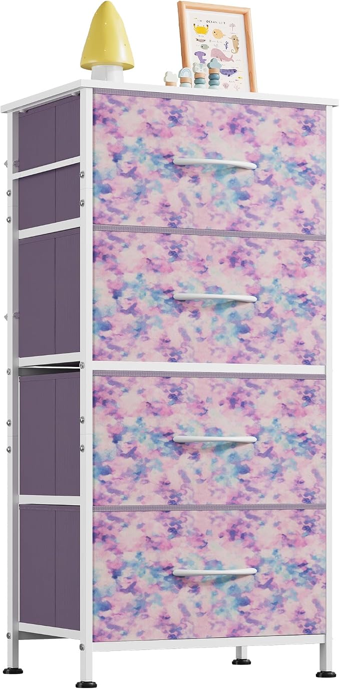 WLIVE Small Dresser Nightstand for Bedroom, 4 Drawers, Tie-Dye | 4 vertical fabric drawers, Space-saving tower, Bedroom or closet use, Chest of drawers, Dresser for small spaces