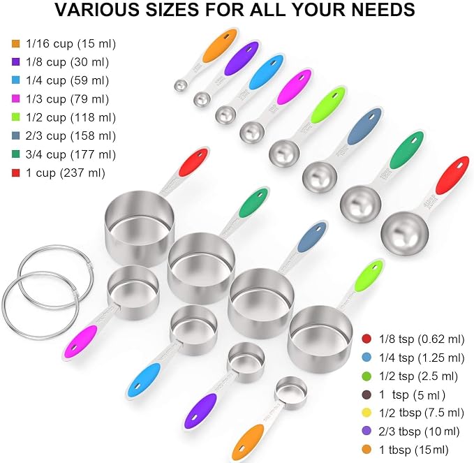Wildone Stainless Steel Mixing Bowls Set with Airtight Lids, 3 Grater Attachment & Non-slip Bottoms and Multicolor 16 Piece Measuring Cups and Spoons Set